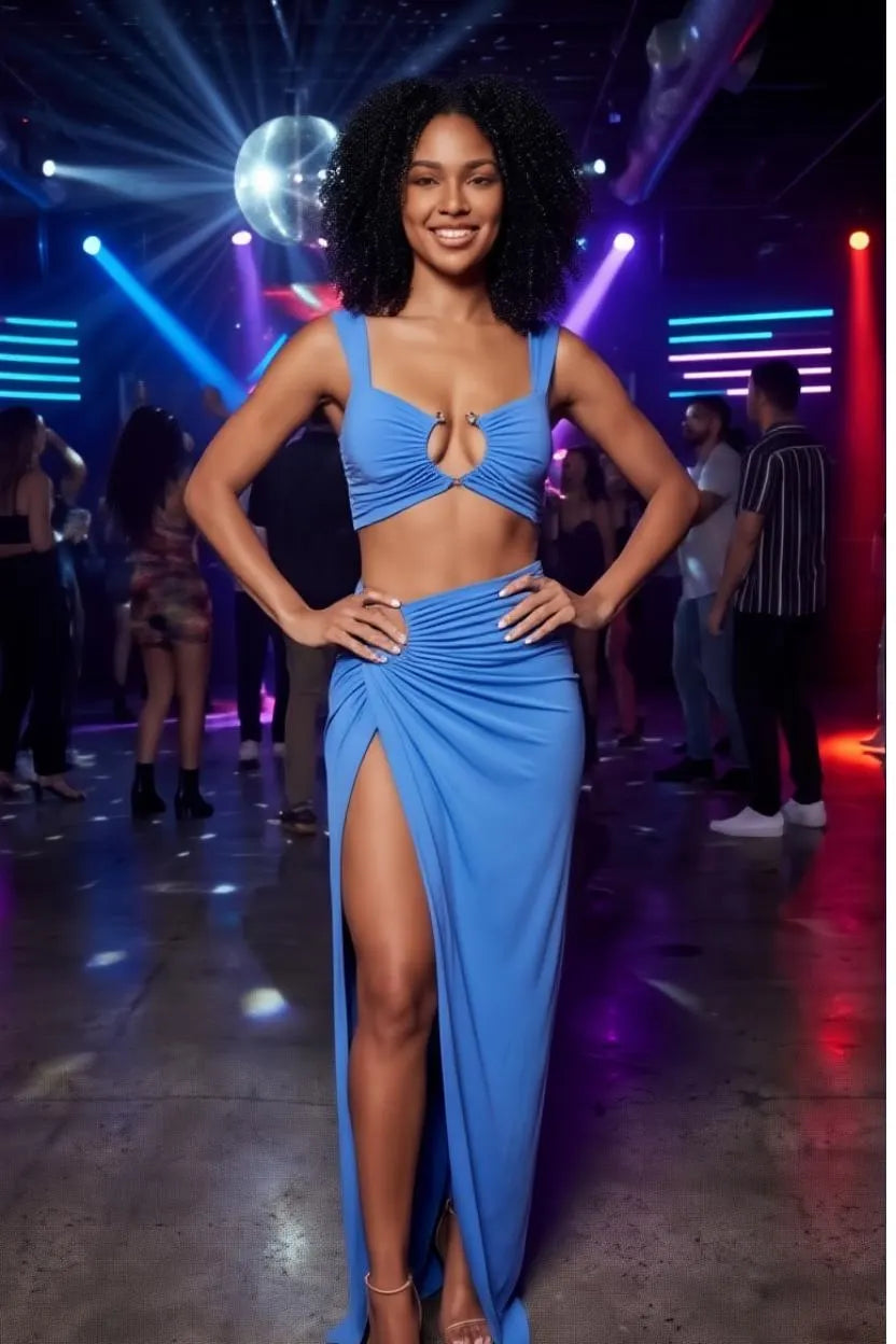 blue two piece crop top and maxi skirt set with high slit