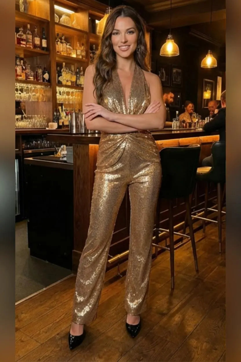 Woman wearing gold sequin jumpsuit with elegant backless design