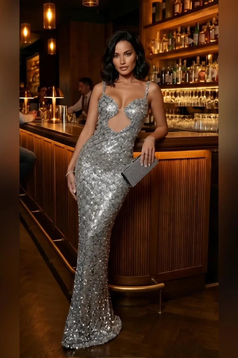Silver Sequin Maxi Dress with Deep Neckline for Formal Events