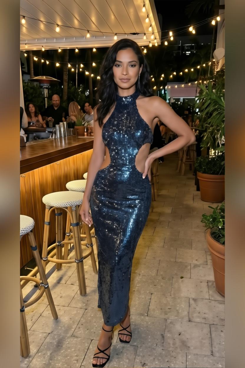 woman wearing blue sequin evening dress at night event