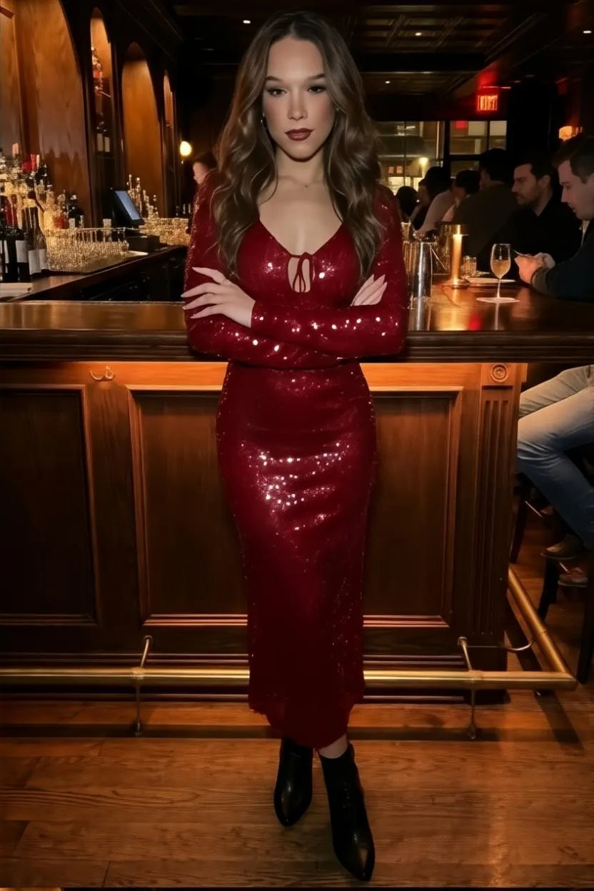 Hailey Sequins Midi Dress in vibrant red featuring a shimmering bodycon fit and deep open neckline.