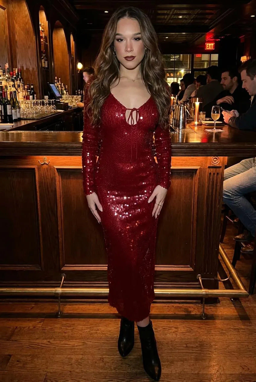 Red Sequins Midi Dress  Backless Sparkly Evening Gown | Open Neckline | Party Outfit | Formal Dress with Sleeves