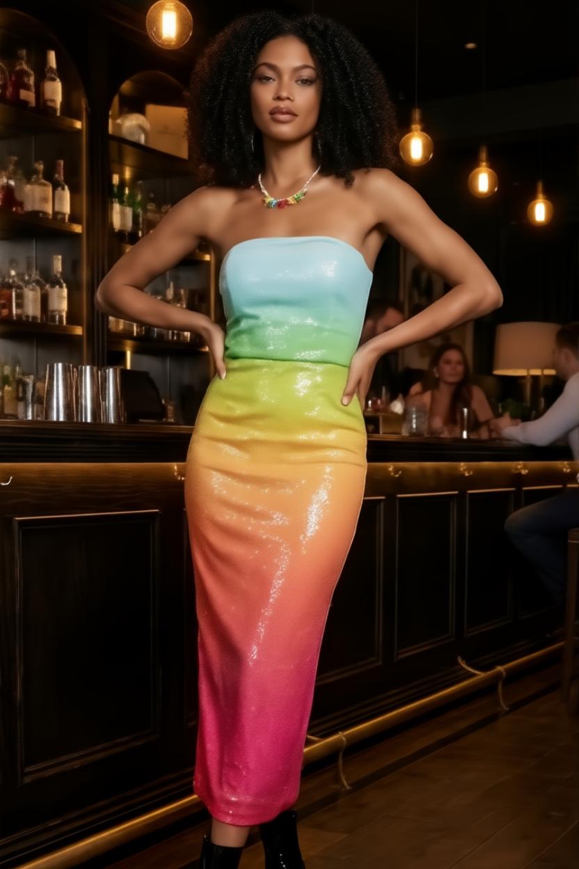 ombre sequin midi dress with strapless bodycon fit for evening events