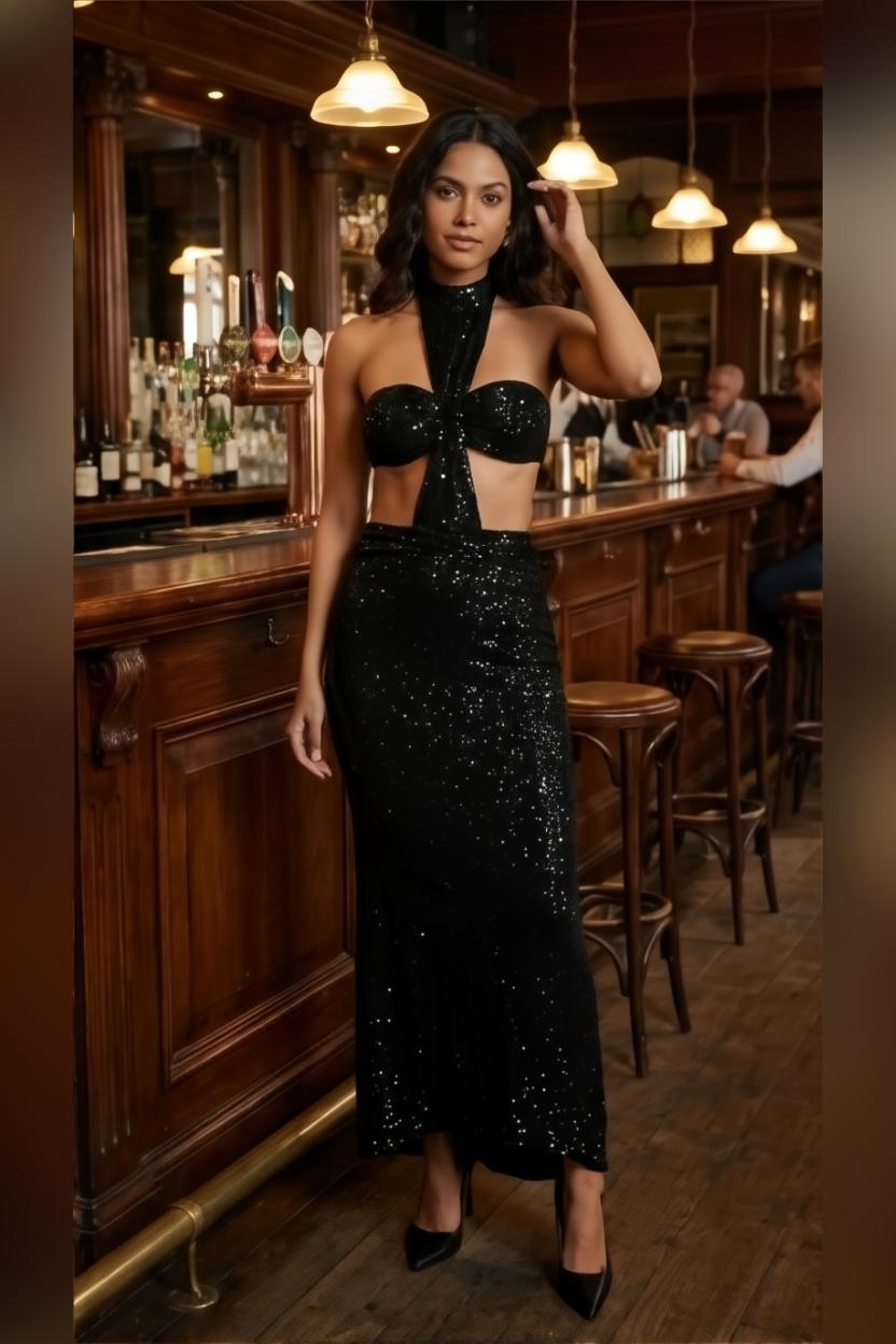 Black Halterneck Sequin Maxi Dress with Cutout Backless Fit