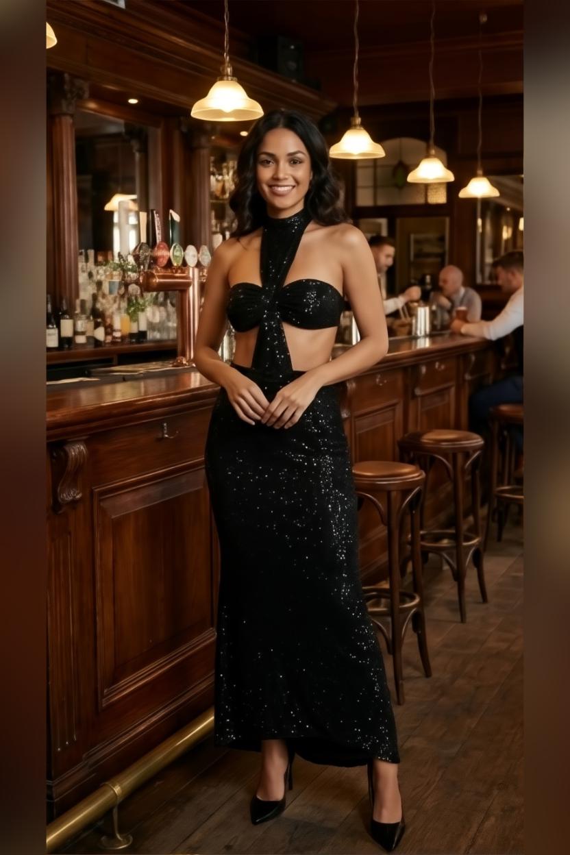 Black Halterneck Sequin Maxi Dress with Cutout Backless Fit