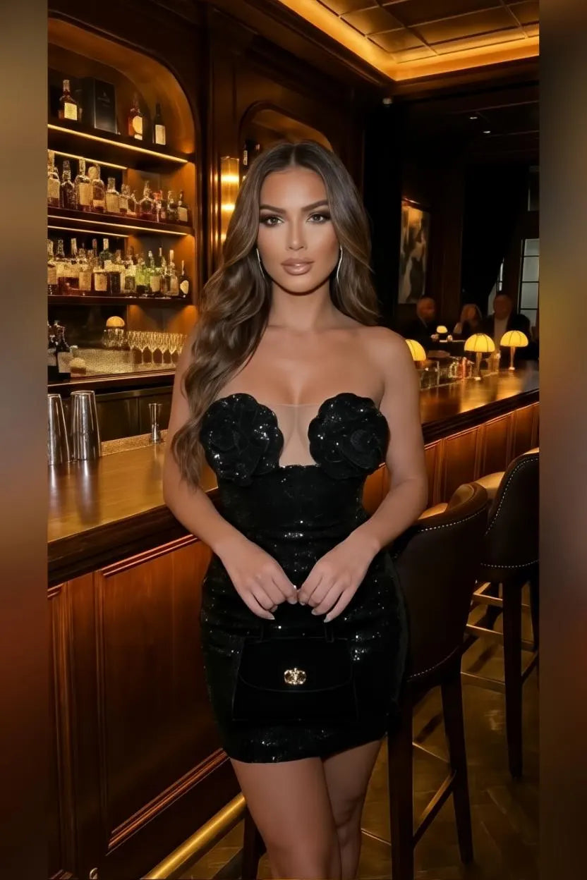black strapless sequin mini dress for women night out