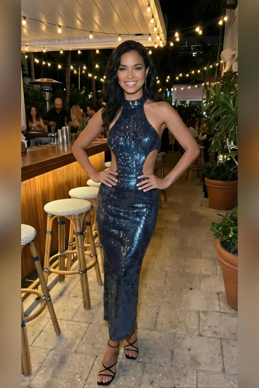 Blue Sequin Cutout Maxi Dress for Evening & Cocktail Events