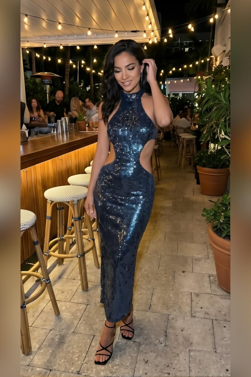 Blue Sequin Cutout Maxi Dress for Evening & Cocktail Events