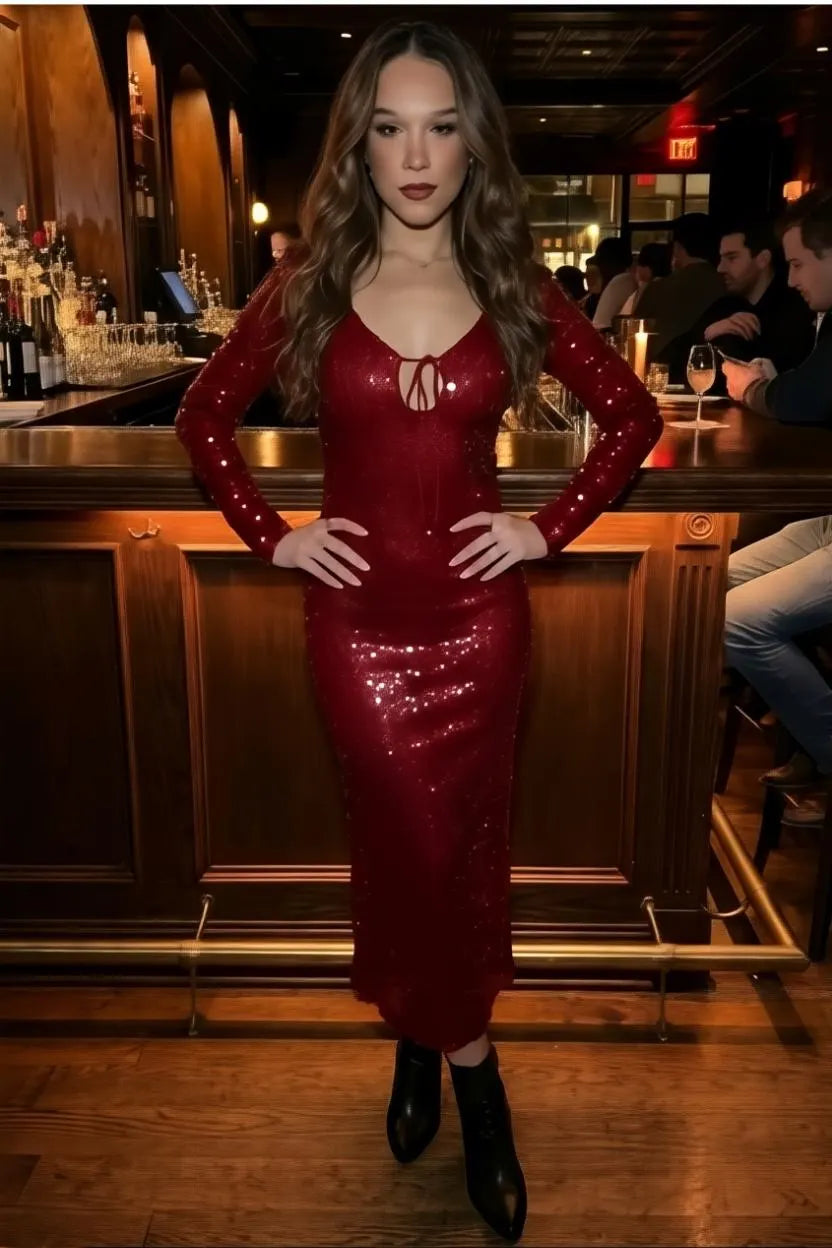 Red Sequins Midi Dress  Backless Sparkly Evening Gown | Open Neckline | Party Outfit | Formal Dress with Sleeves