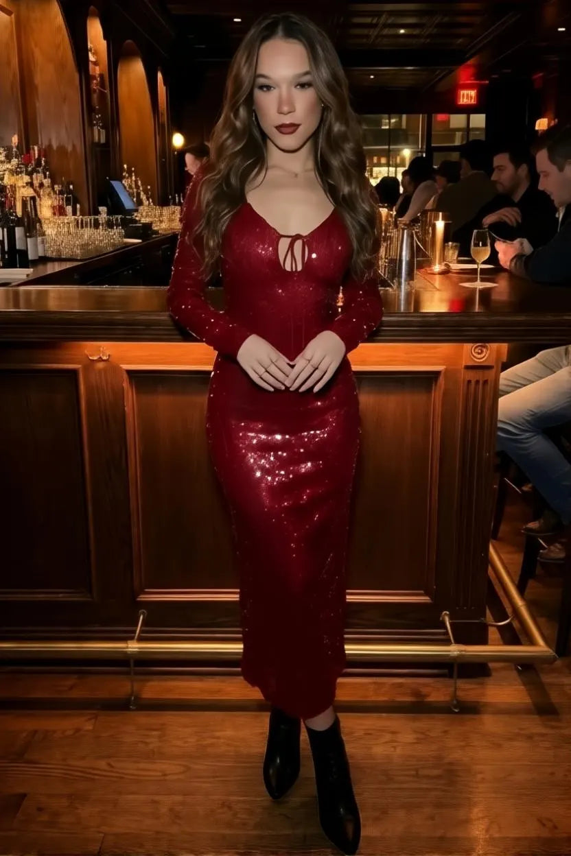 Red Sequins Midi Dress  Backless Sparkly Evening Gown | Open Neckline | Party Outfit | Formal Dress with Sleeves