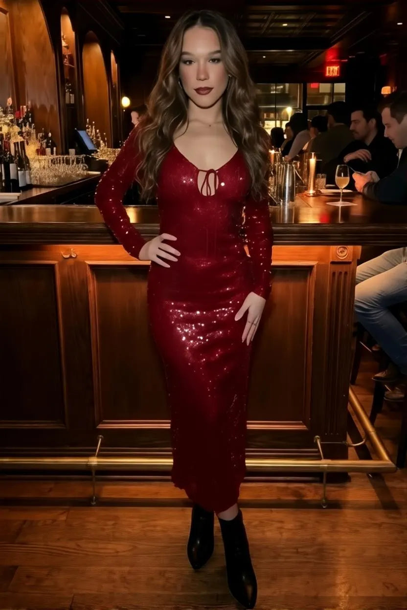 Red Sequins Midi Dress  Backless Sparkly Evening Gown | Open Neckline | Party Outfit | Formal Dress with Sleeves