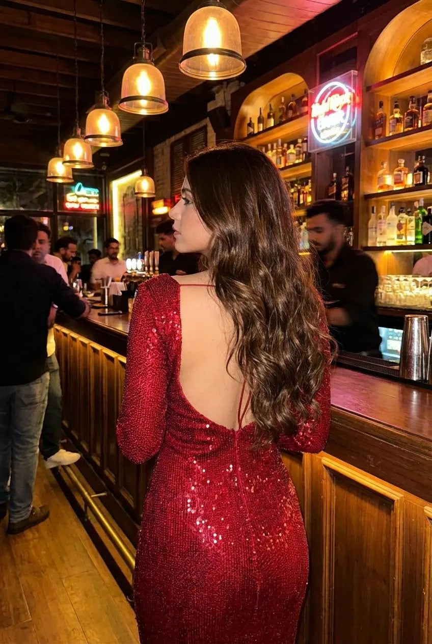 Red Sequins Midi Dress  Backless Sparkly Evening Gown | Open Neckline | Party Outfit | Formal Dress with Sleeves